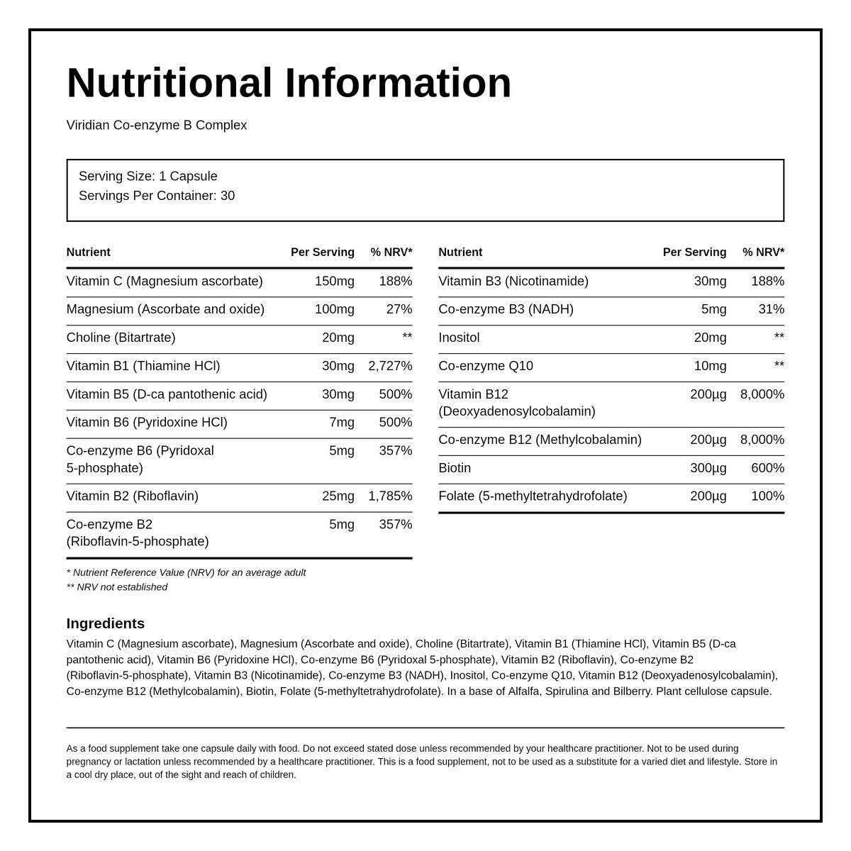 Viridian Co-enzyme B-Complex — nutrition information panel, generated from the pack