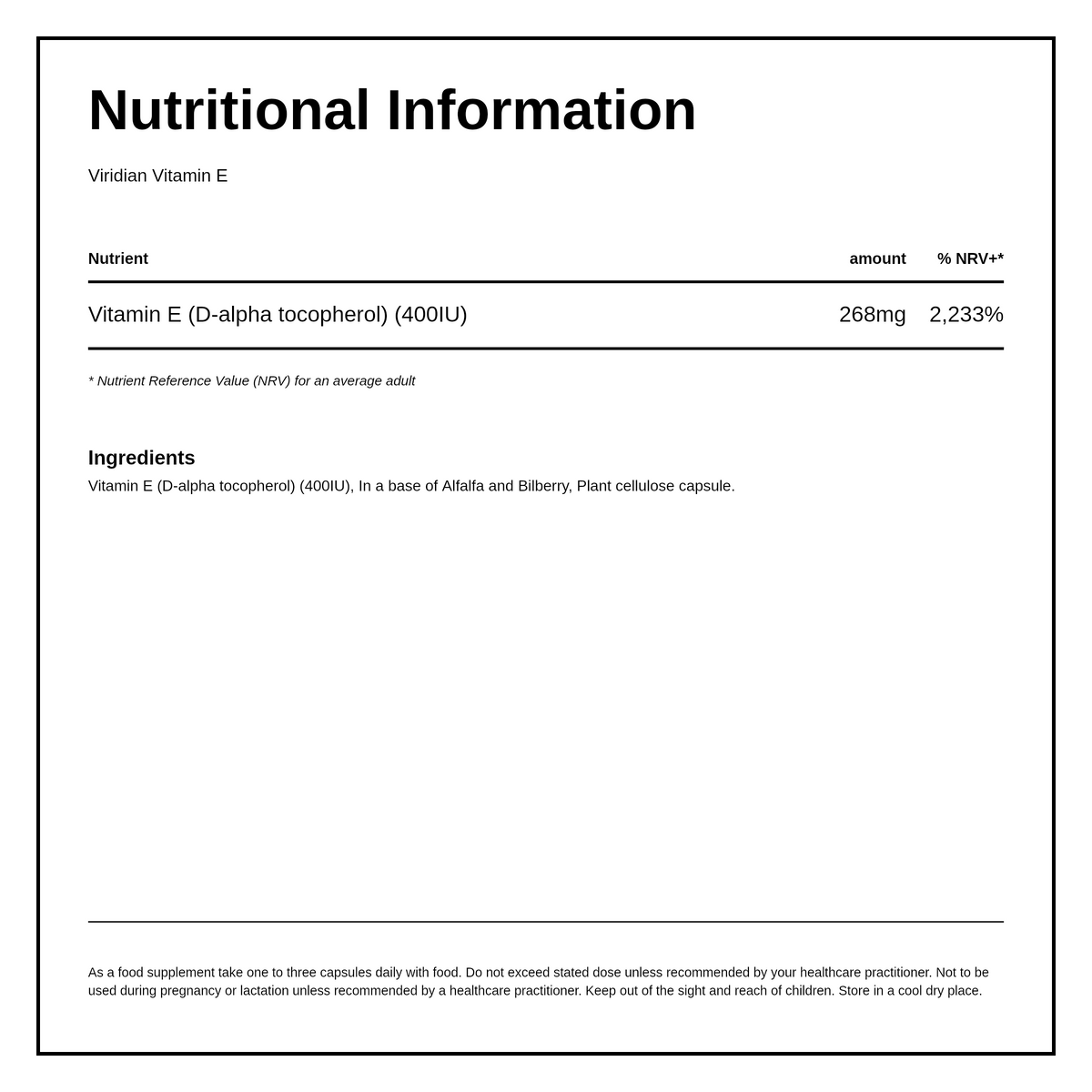 Viridian Vitamin E 400IU — nutrition information panel, generated from the pack