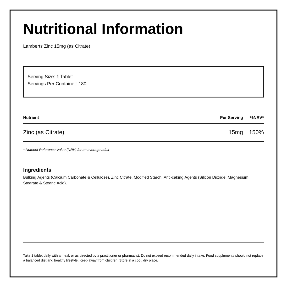 LAMBERTS Zinc 15mg (as Citrate) — nutrition information panel, generated from the pack