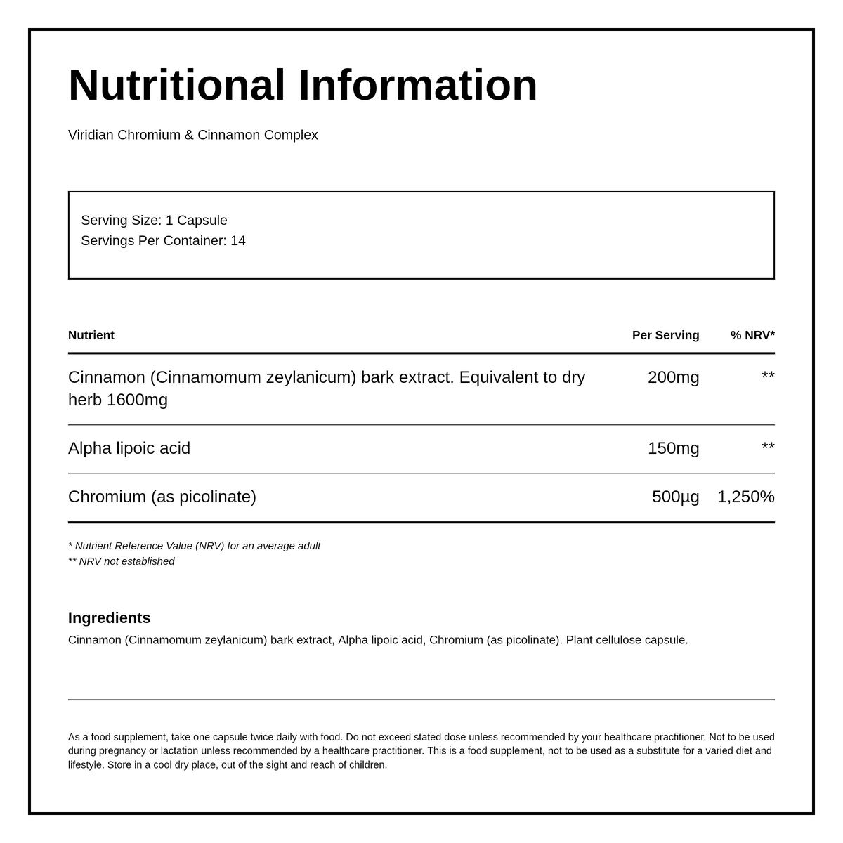 Viridian Chromium & Cinnamon Complex (7 Day Sugar Detox Plan) — nutrition information panel, generated from the pack
