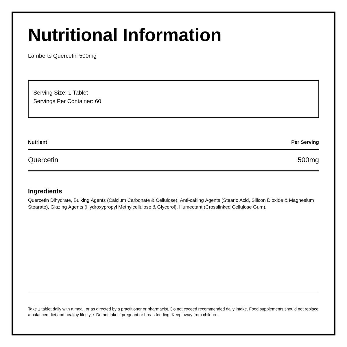 Lamberts Quercetin 500mg — nutrition information panel, generated from the pack