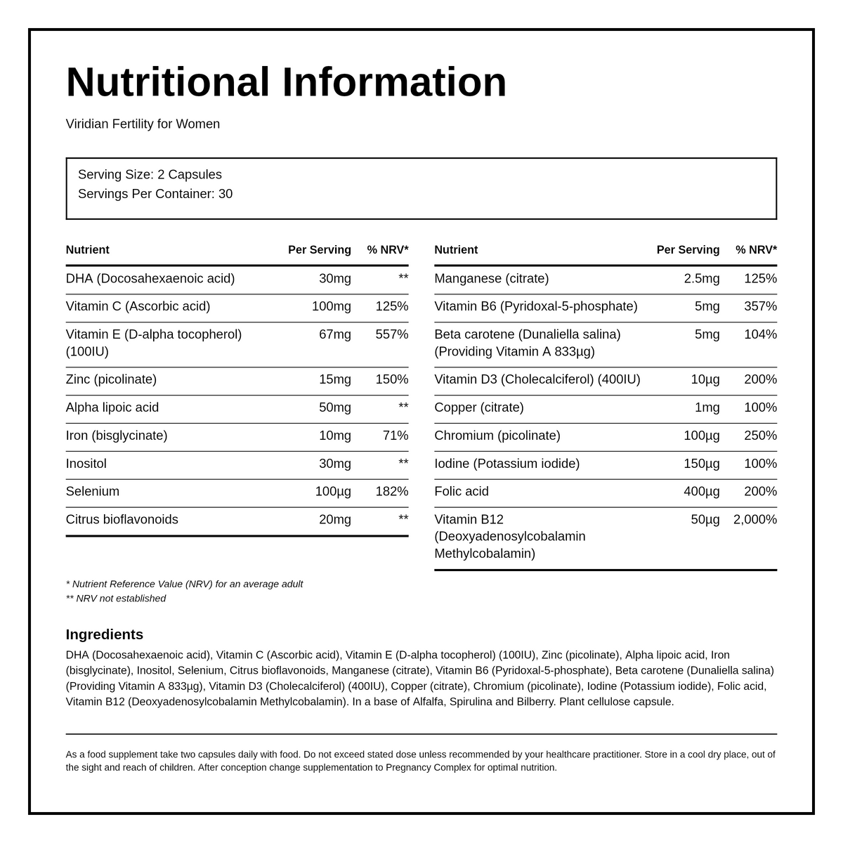 Viridian Fertility for Women (pro-conception) — nutrition information panel, generated from the pack