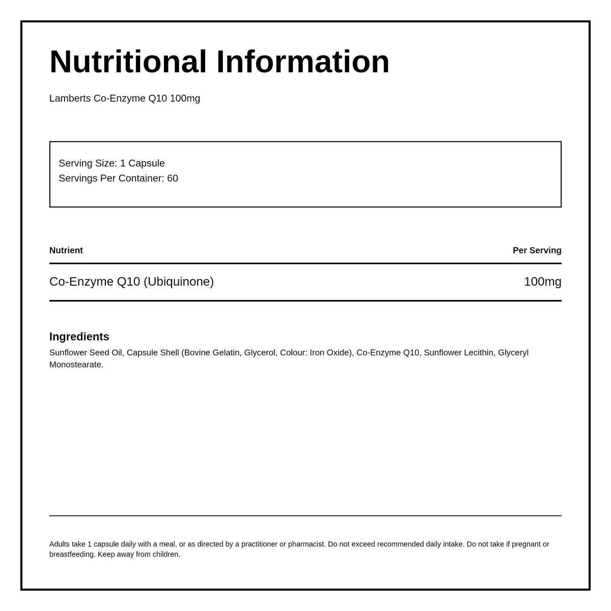 LAMBERTS Co-Enzyme Q10 100mg — nutrition information panel, generated from the pack