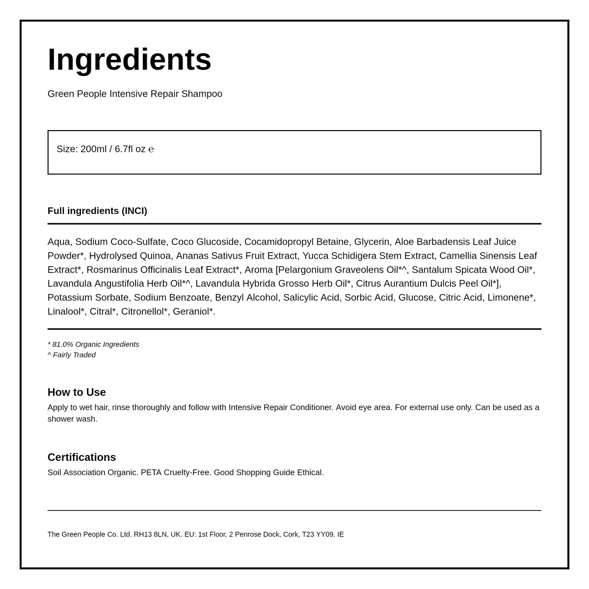 Green People Intensive Repair Shampoo — ingredients (INCI) panel, generated from the pack