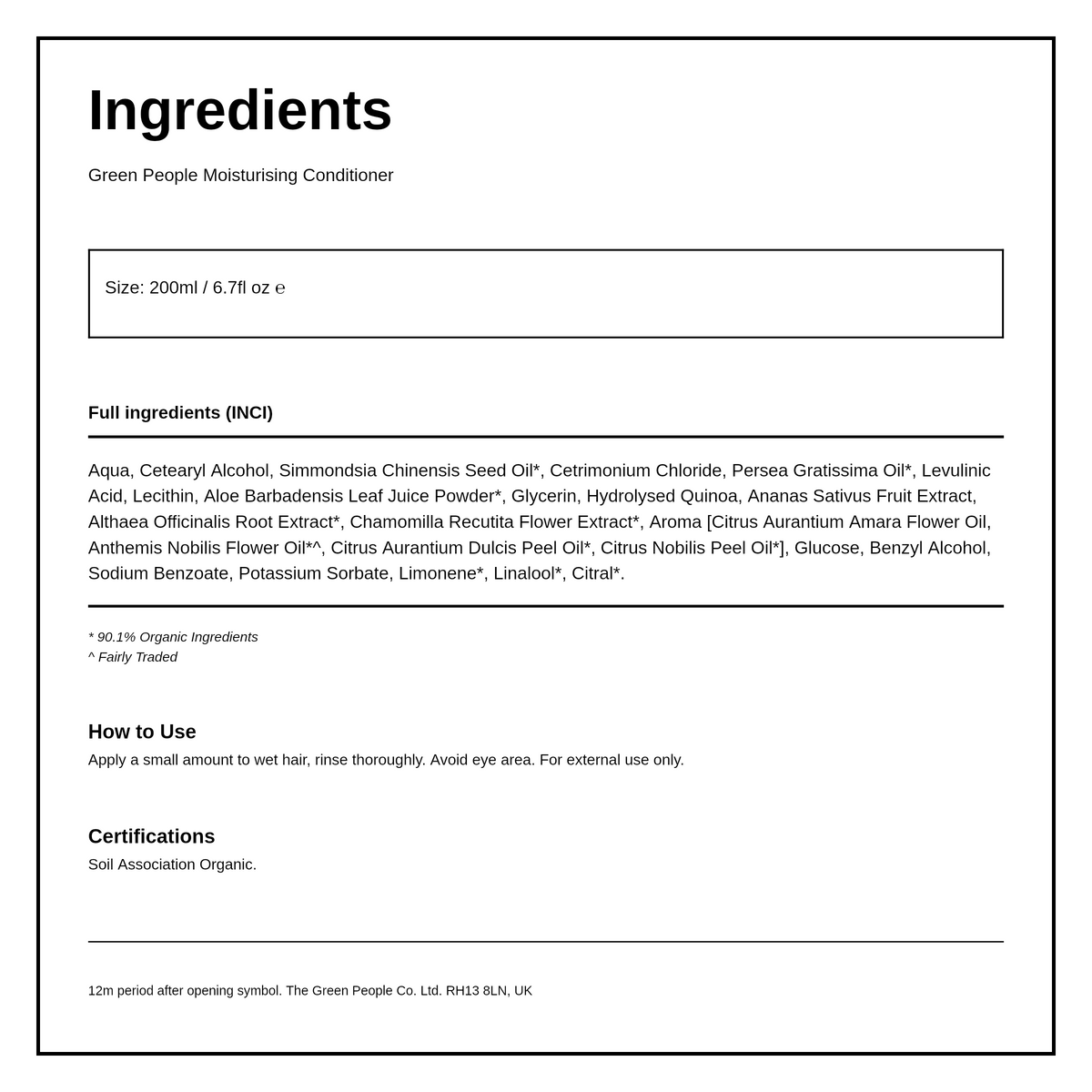 Green People Moisturising Conditioner — ingredients (INCI) panel, generated from the pack