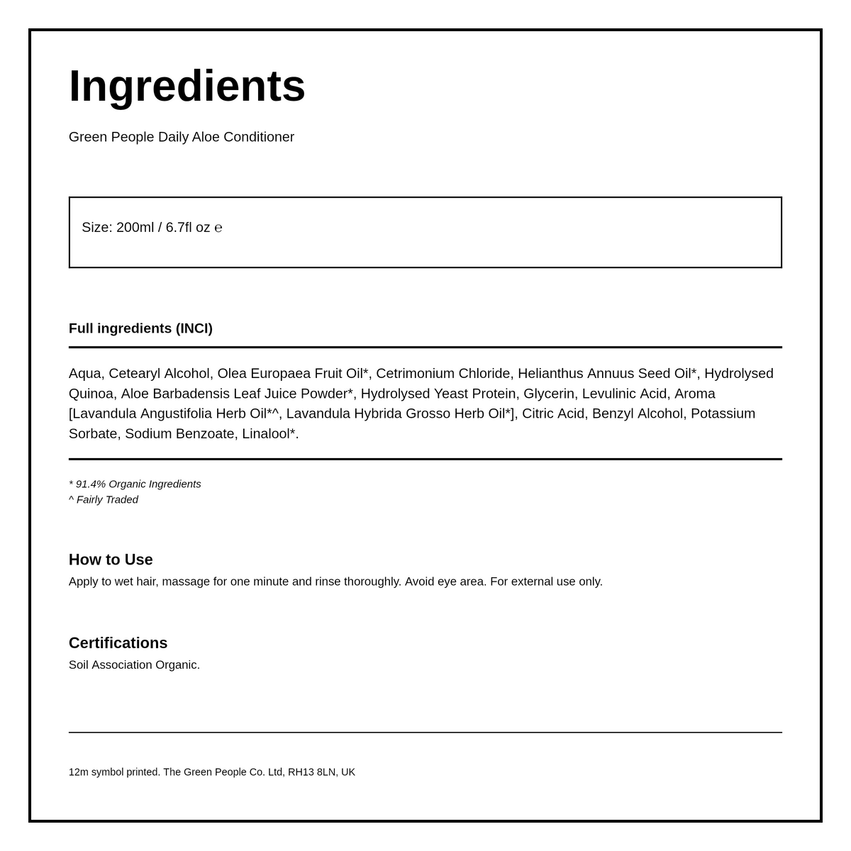 Green People Organic Daily Aloe Conditioner — ingredients (INCI) panel, generated from the pack