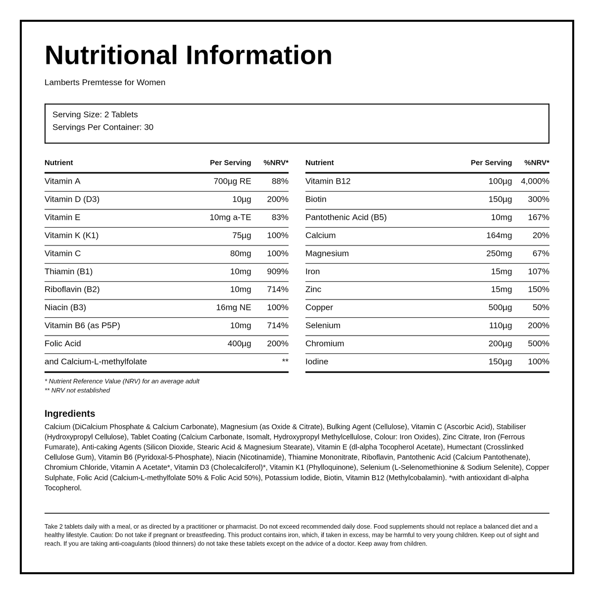 Lamberts Premtesse for Women — nutrition information panel, generated from the pack