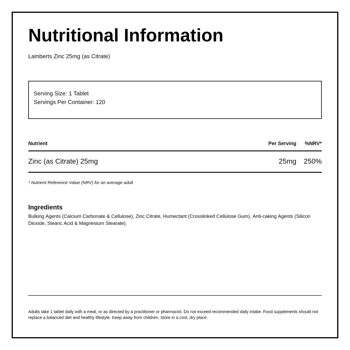 LAMBERTS Zinc Citrate 25 mg — nutrition information panel, generated from the pack
