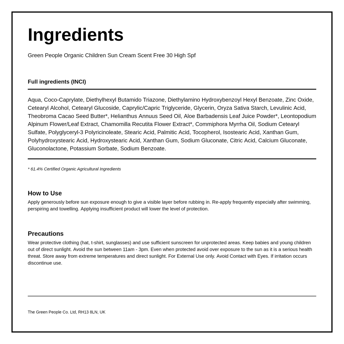 Green People Organic Children Sun Lotion SPF30 - Scent Free — ingredients (INCI) panel, generated from the pack