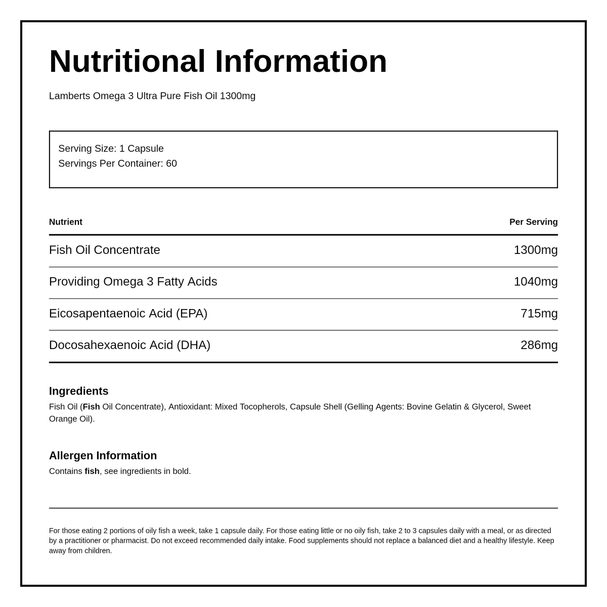 LAMBERTS Omega 3 Ultra Pure Fish Oil 1300mg — nutrition information panel, generated from the pack
