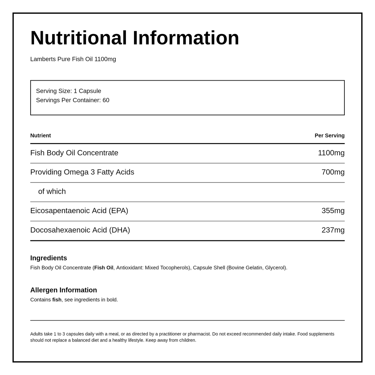 LAMBERTS Pure Fish Oil 1100mg — nutrition information panel, generated from the pack