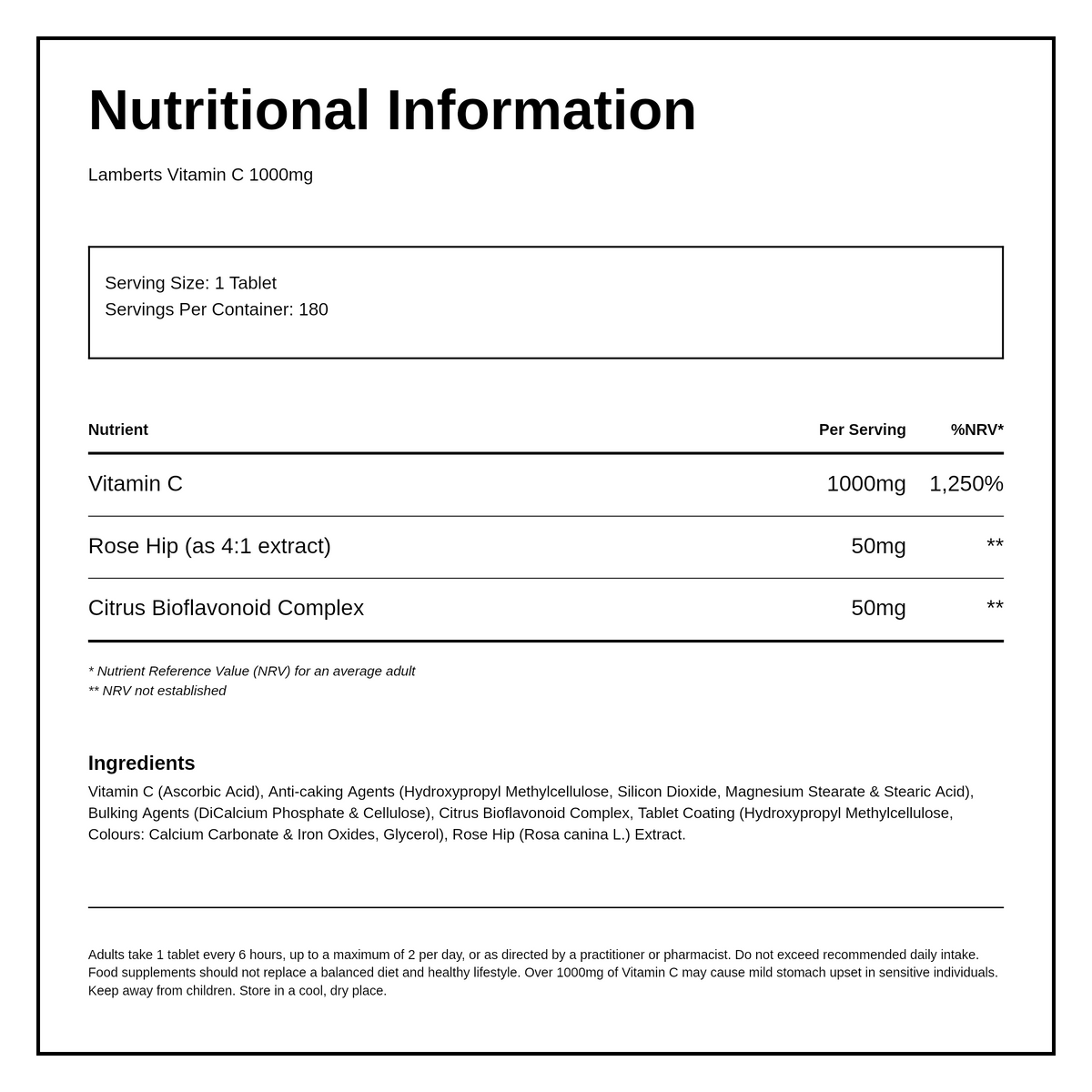 Lamberts Time Release Vitamin C 1000mg — nutrition information panel, generated from the pack