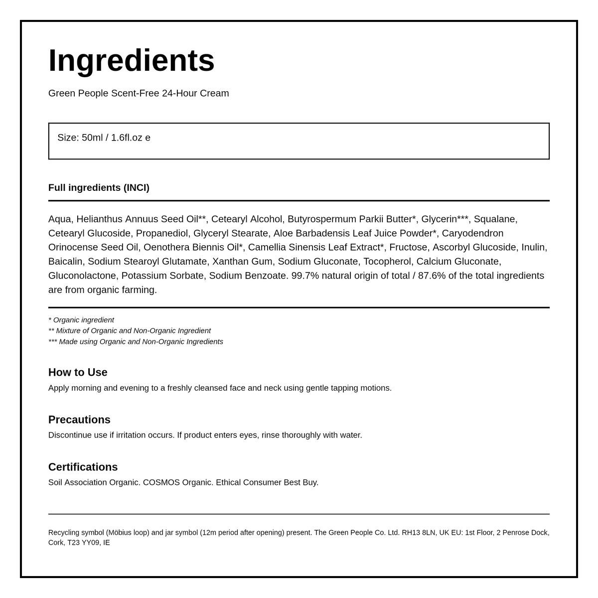 Green People Scent Free 24 Hour Cream — ingredients (INCI) panel, generated from the pack