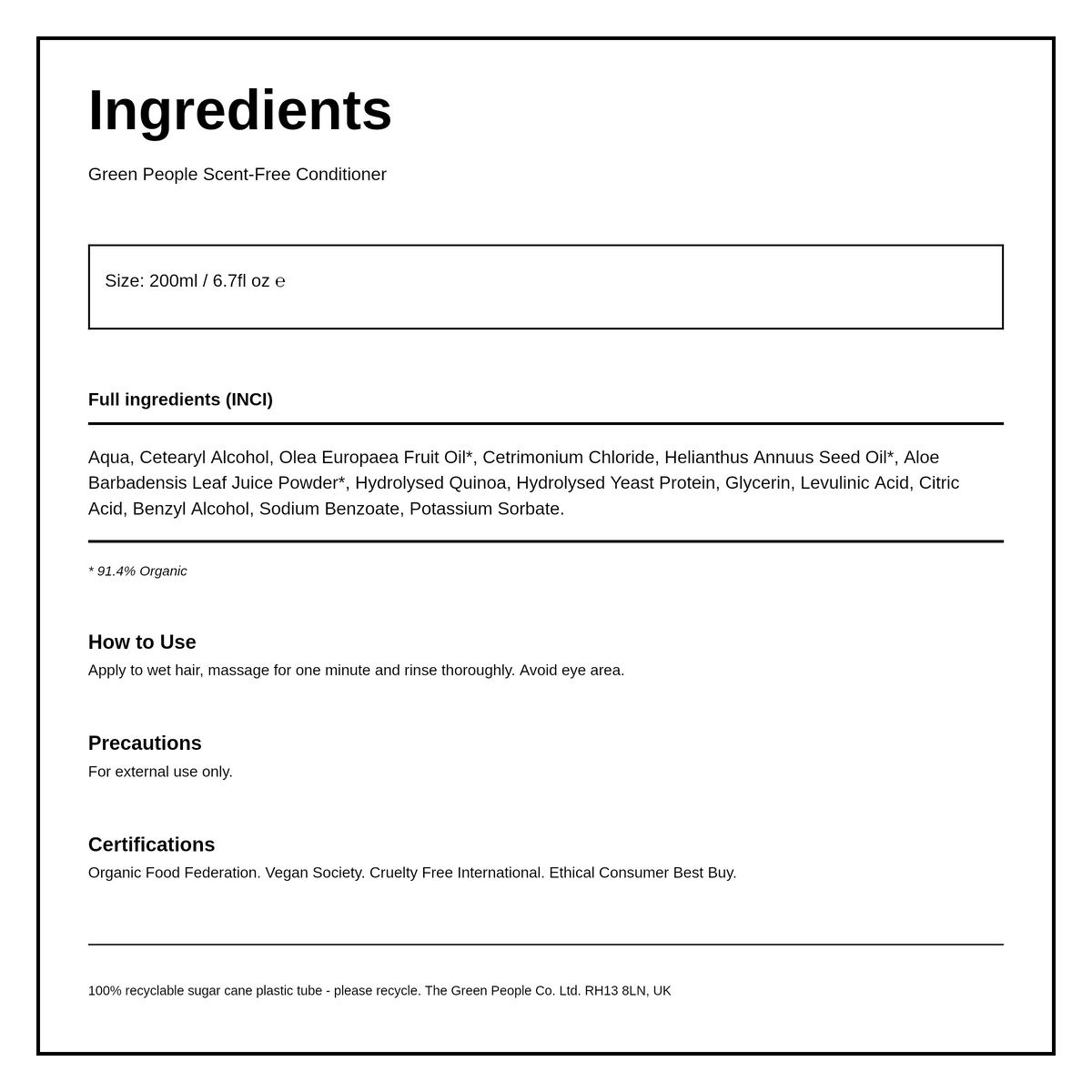 Green People Scent Free Conditioner — ingredients (INCI) panel, generated from the pack