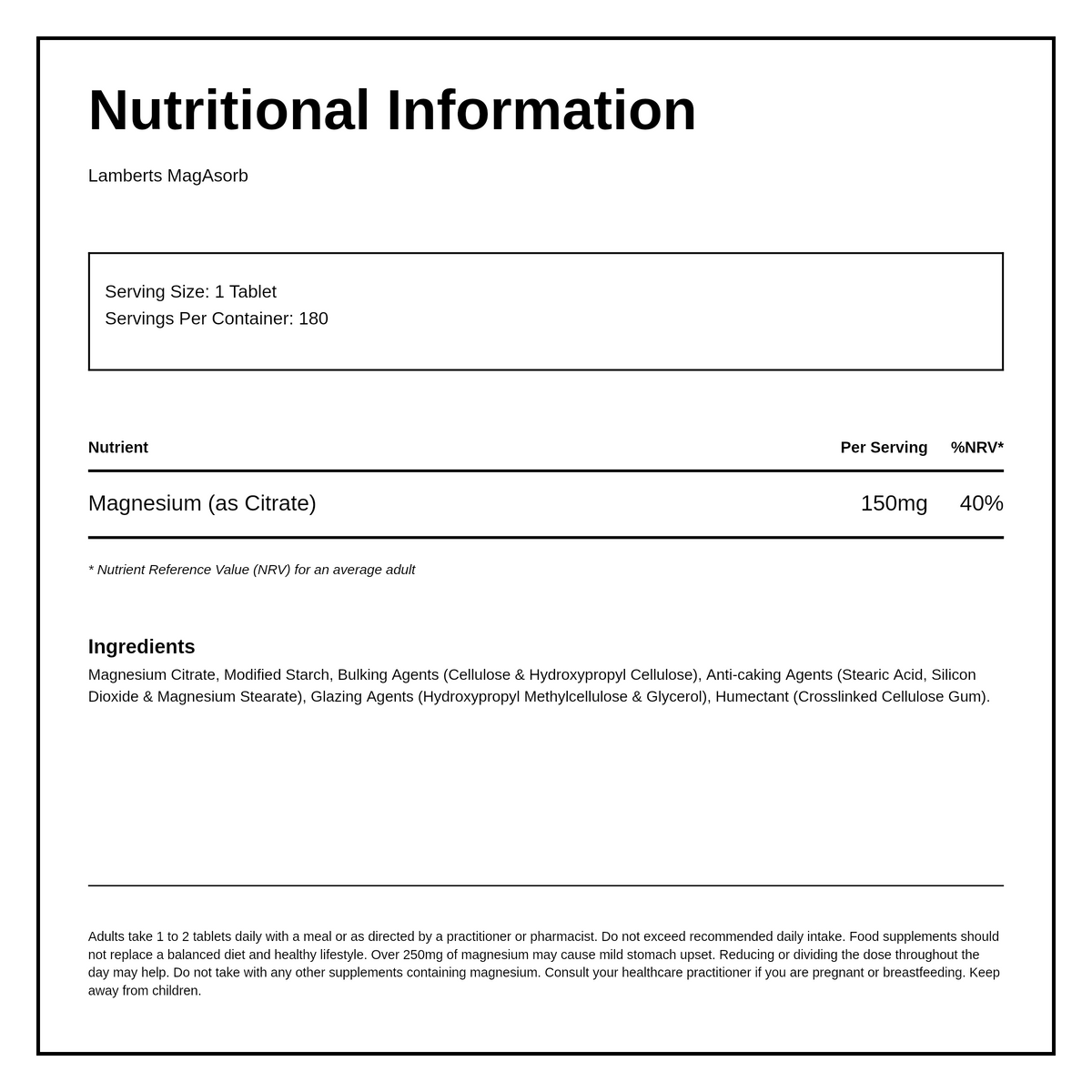 LAMBERTS MagAsorb® Magnesium Citrate 150mg — nutrition information panel, generated from the pack
