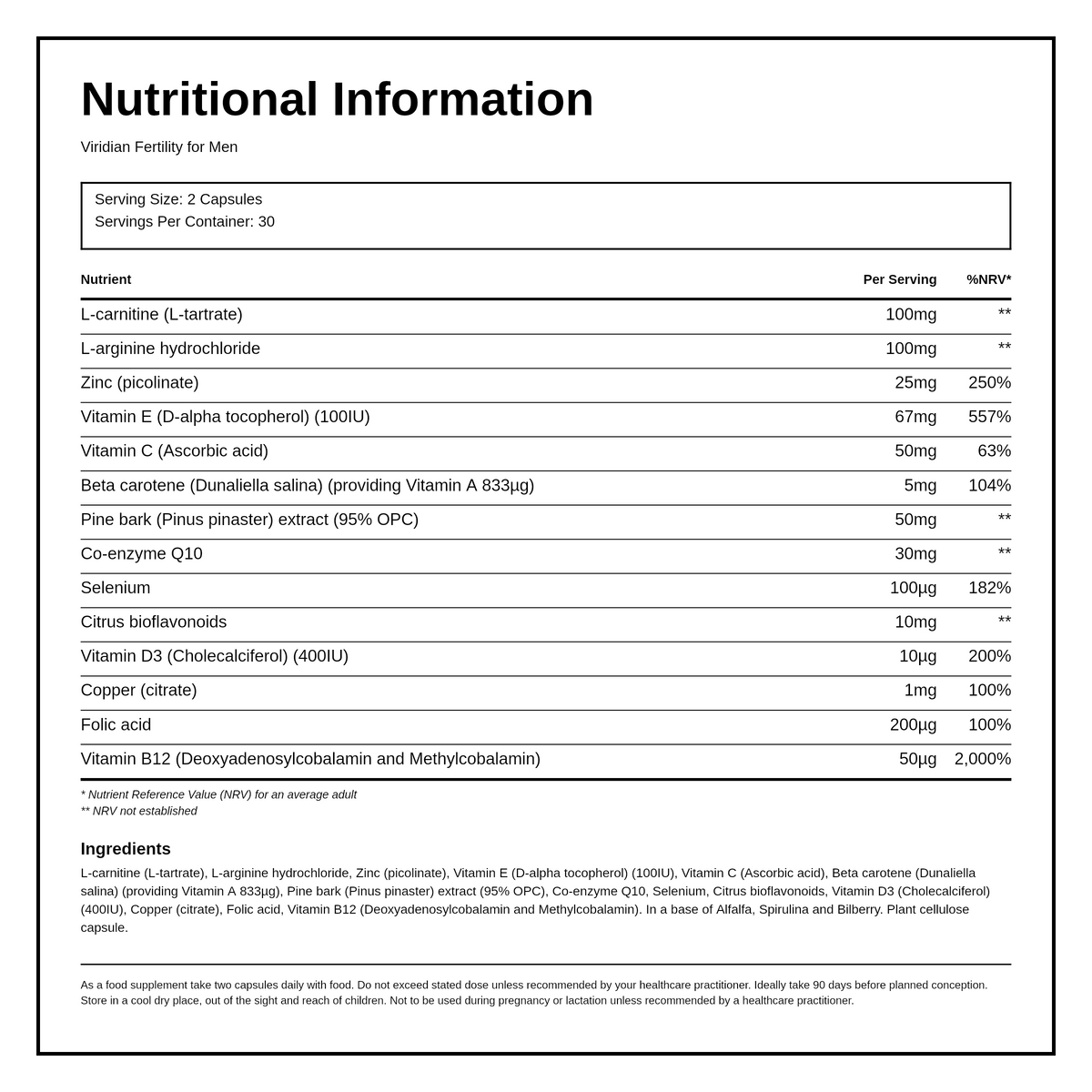 Viridian High Potency Fertility For Men 60 caps — nutrition information panel, generated from the pack