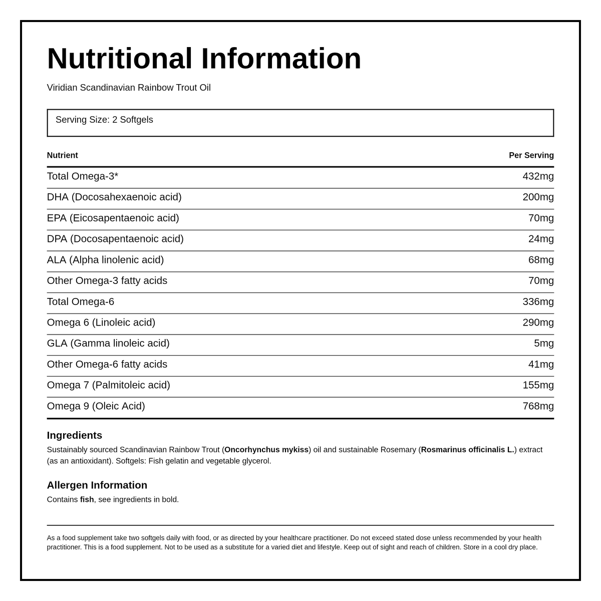 Viridian Sust. Scandinavian Rainbow Trout Oil — nutrition information panel, generated from the pack