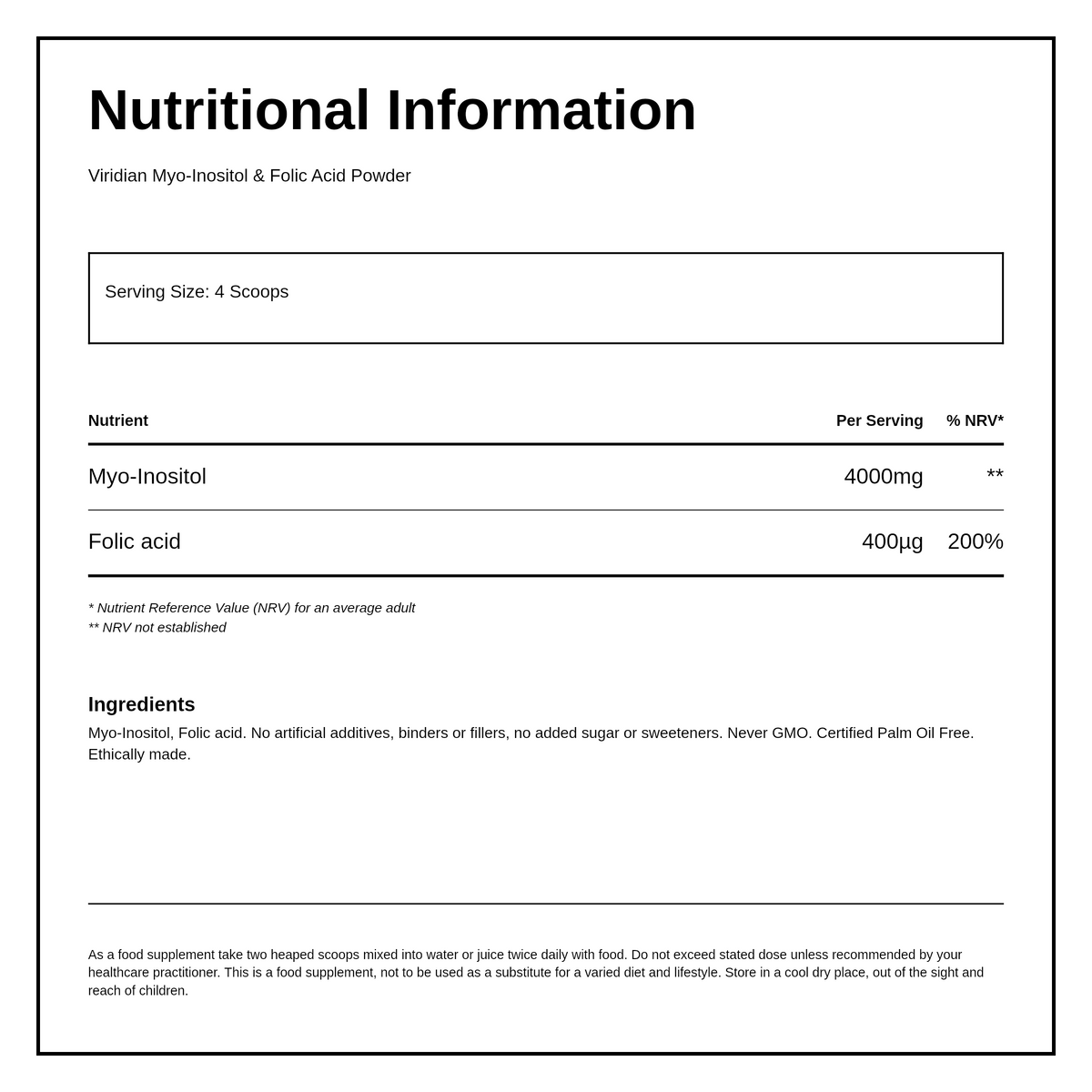 Viridian Myo-Inositol with Folic Acid — nutrition information panel, generated from the pack