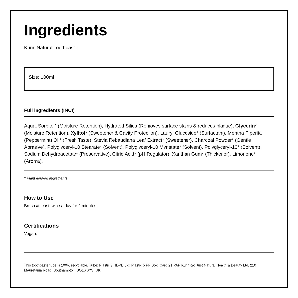 Kurin Fluoride Free Charcoal Whitening Toothpaste - Peppermint — ingredients (INCI) panel, generated from the pack