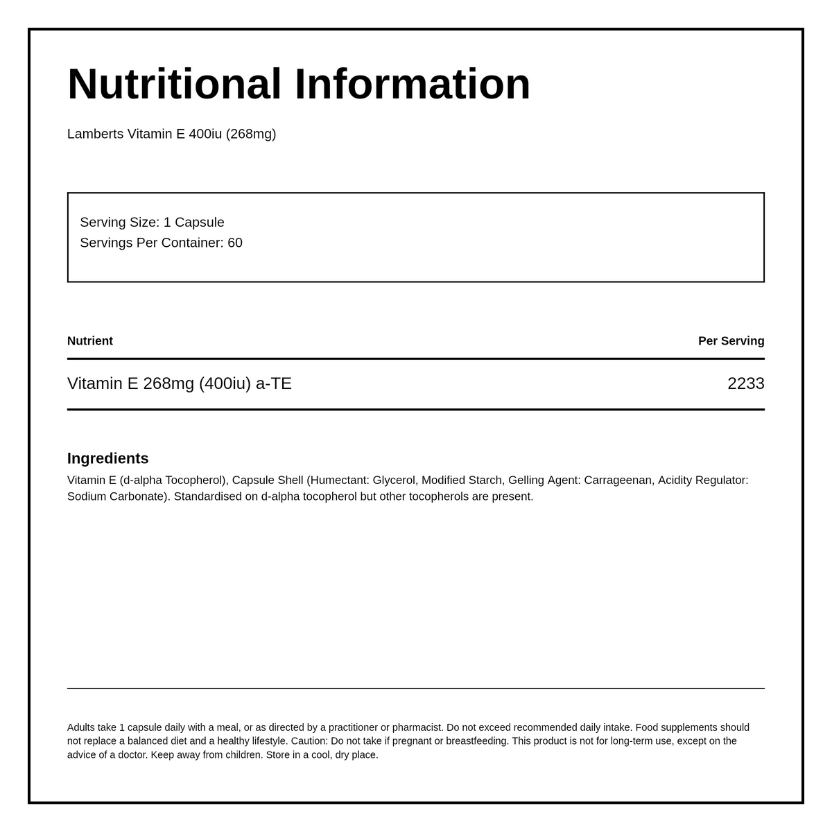 LAMBERTS Natural Vitamin E 400 i.u. — nutrition information panel, generated from the pack