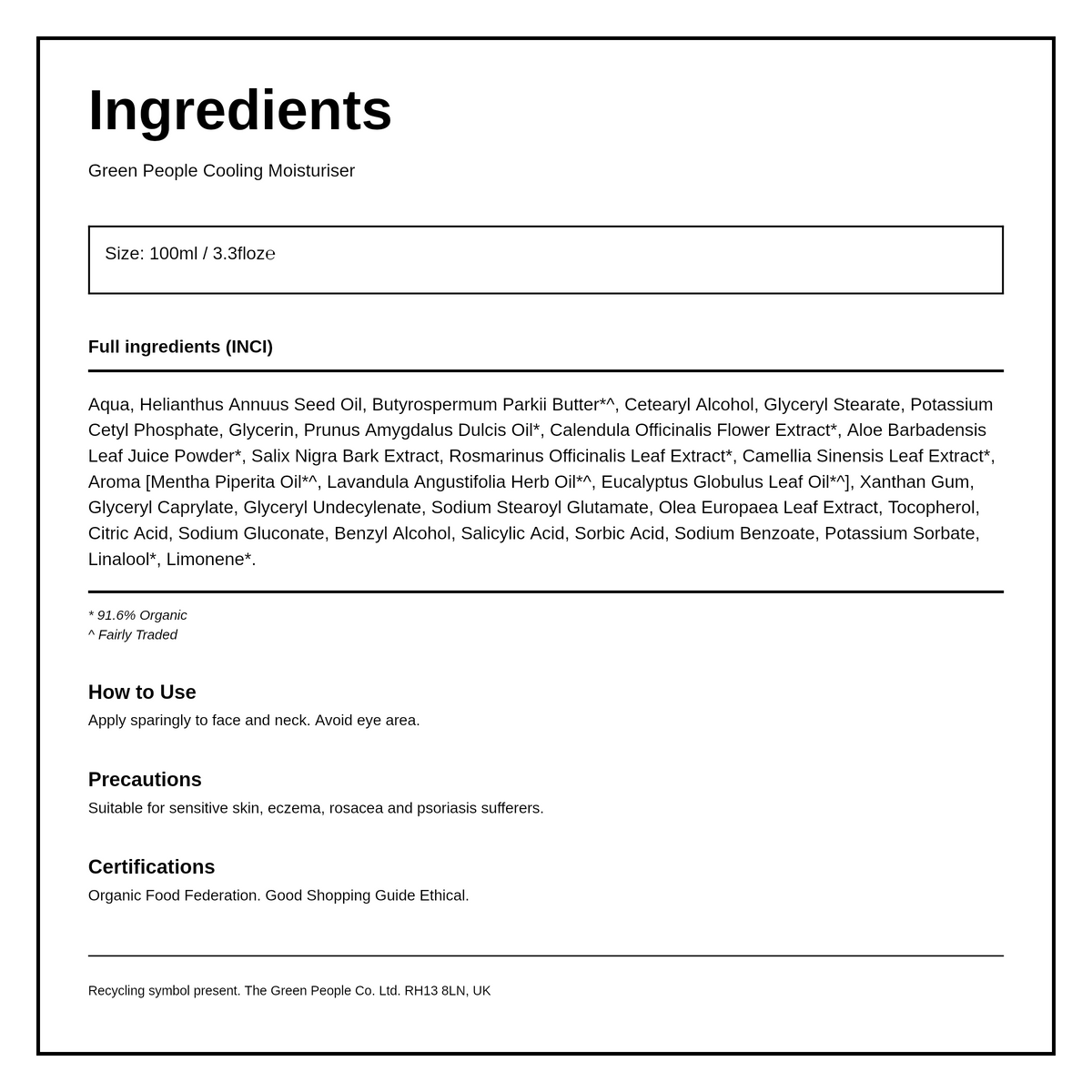 Green People No. 3 Cooling Moisturiser — ingredients (INCI) panel, generated from the pack