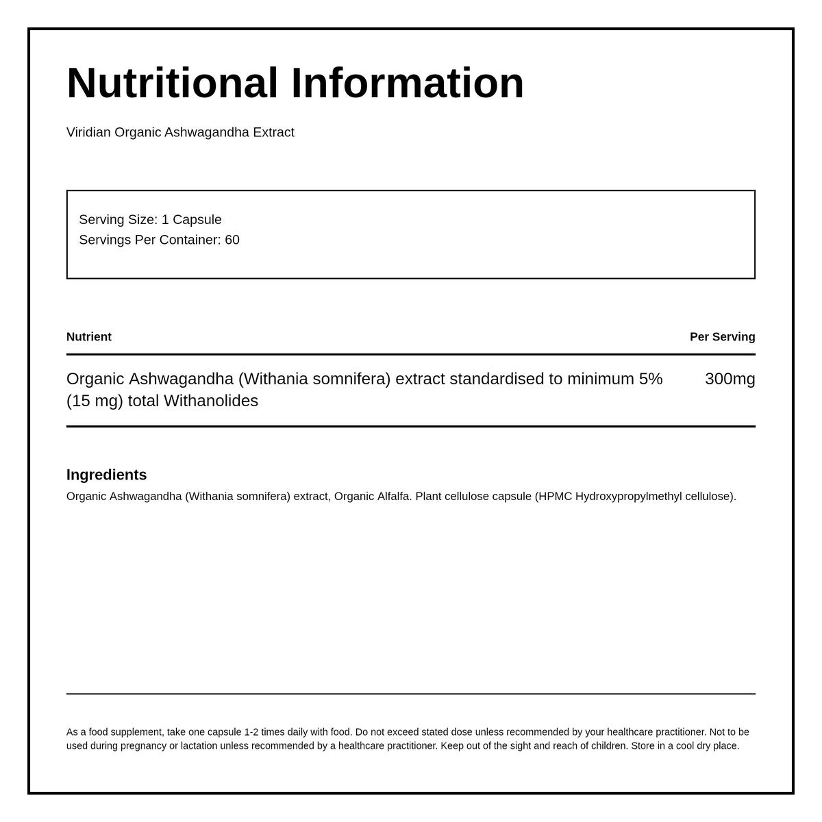 Viridian Organic Ashwagandha Extract — nutrition information panel, generated from the pack
