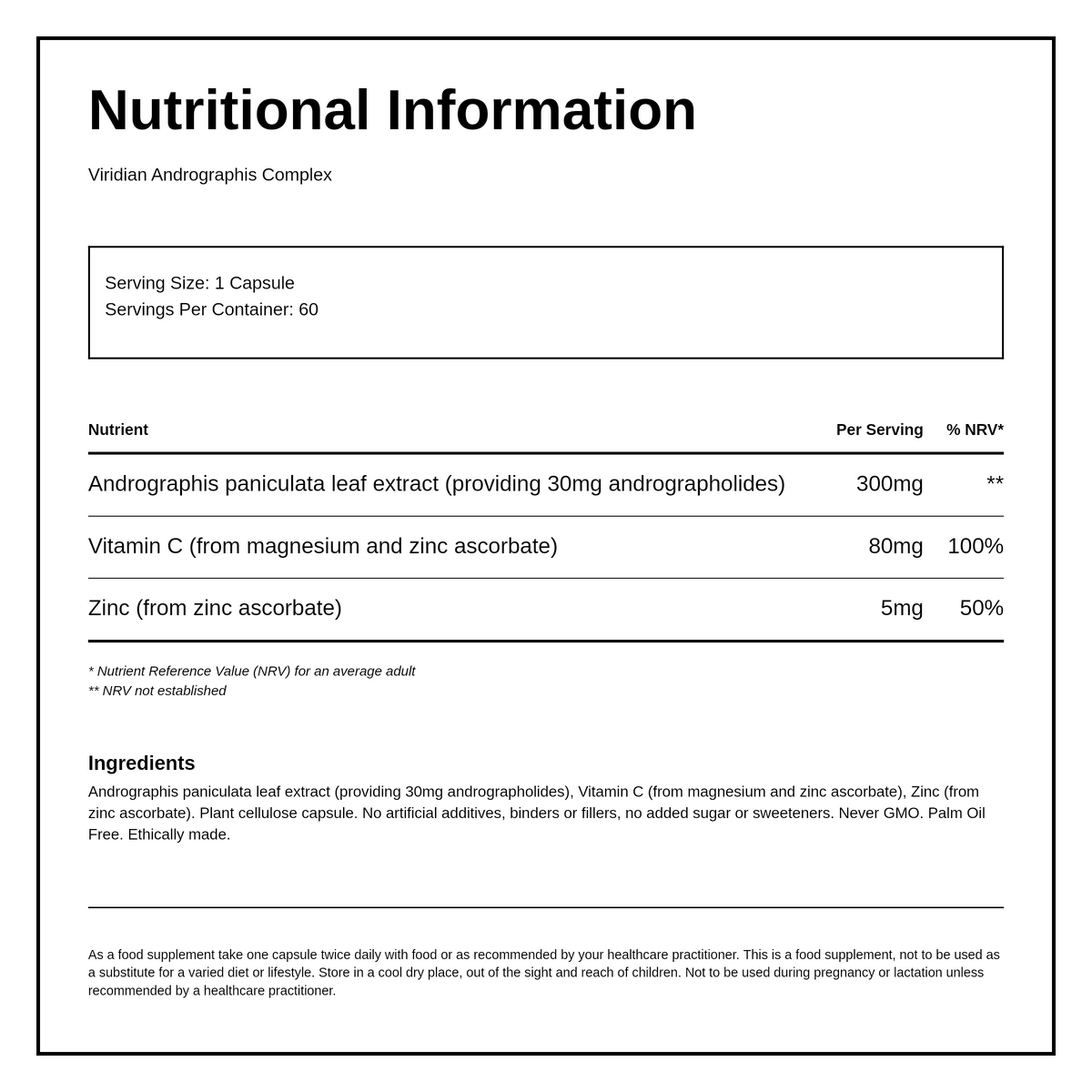 Viridian Andrographis Complex — nutrition information panel, generated from the pack