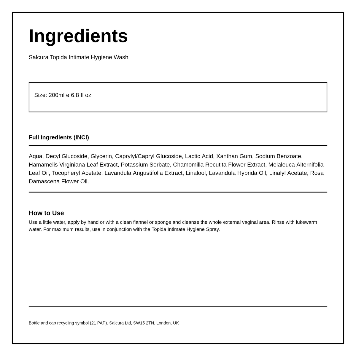 Salcura Topida Intimate Hygiene Wash — ingredients (INCI) panel, generated from the pack