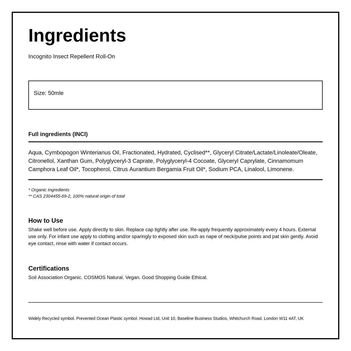 Incognito Anti-Mosquito Roll-On — ingredients (INCI) panel, generated from the pack