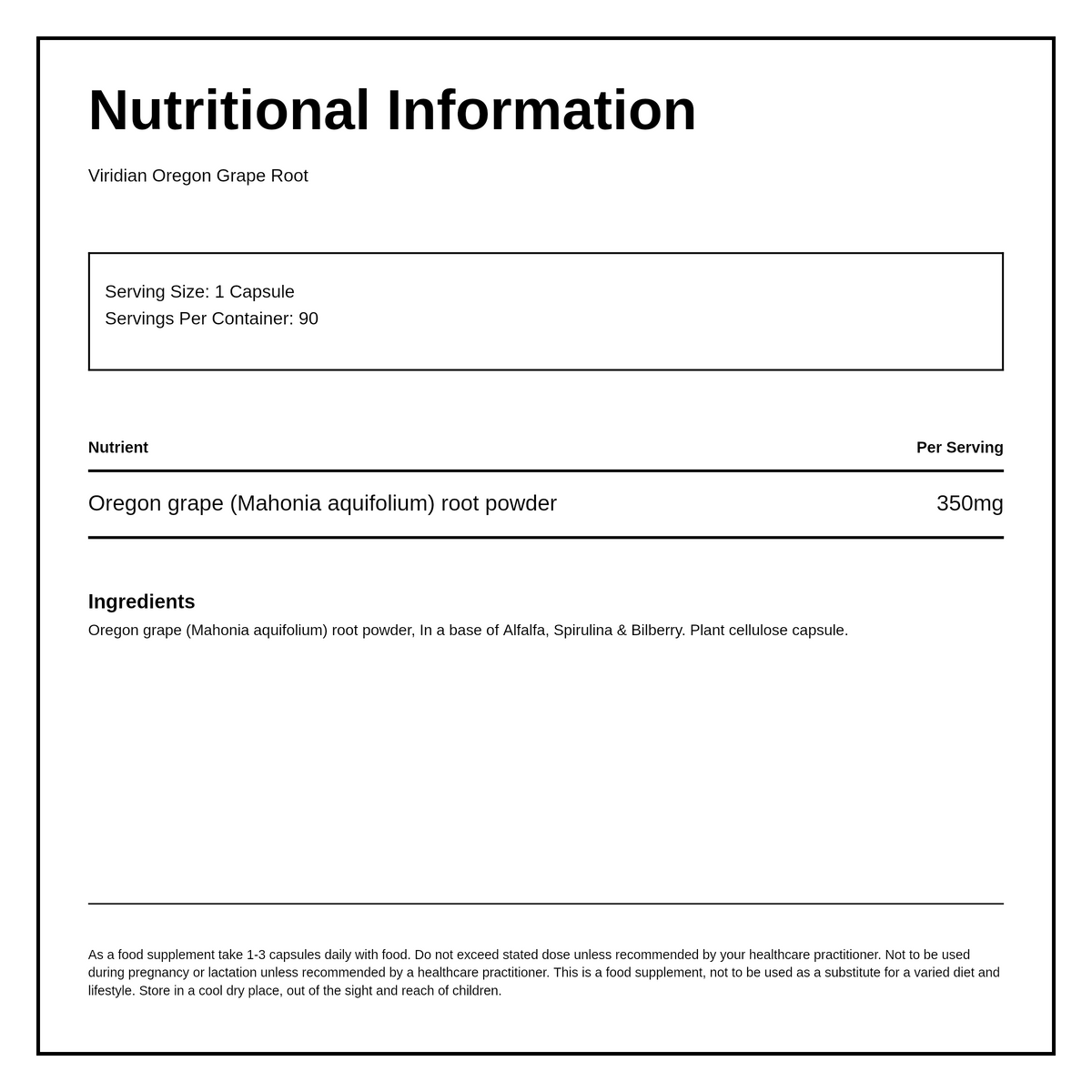Viridian Nutrition Oregon Grape Root Extract — nutrition information panel, generated from the pack