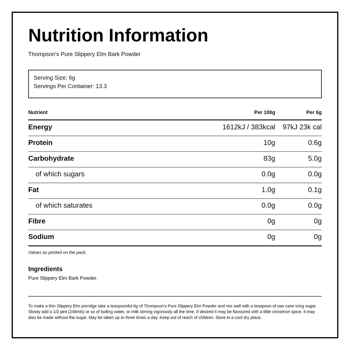Thompson's Pure Slippery Elm Bark Powder — nutrition information panel, generated from the pack