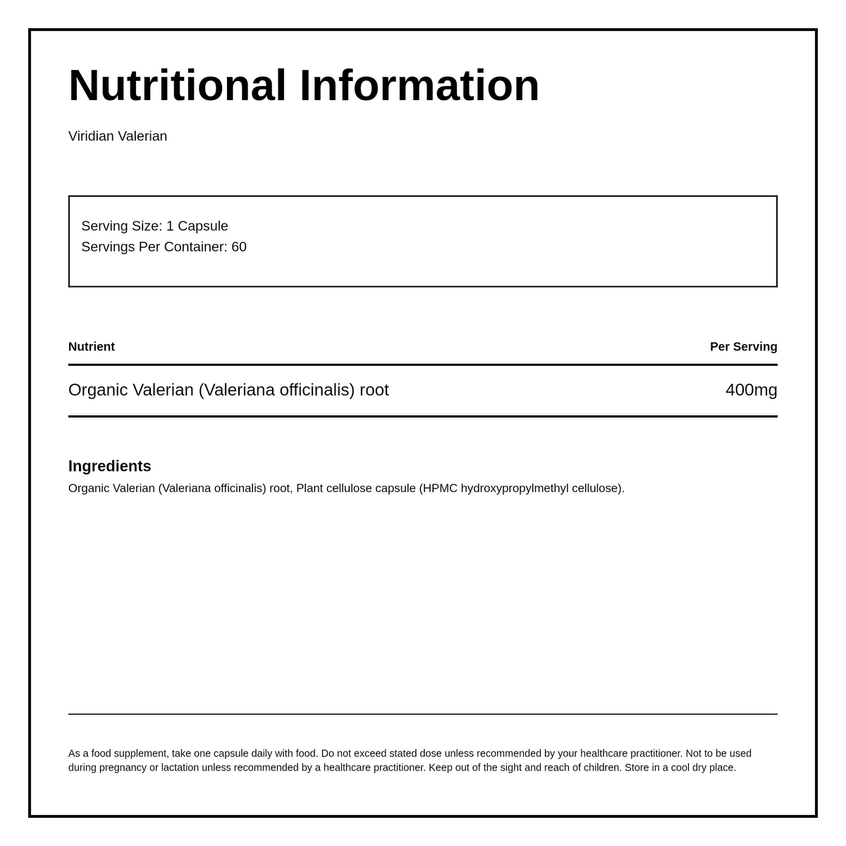 Viridian Organic Valerian Root 400mg — nutrition information panel, generated from the pack