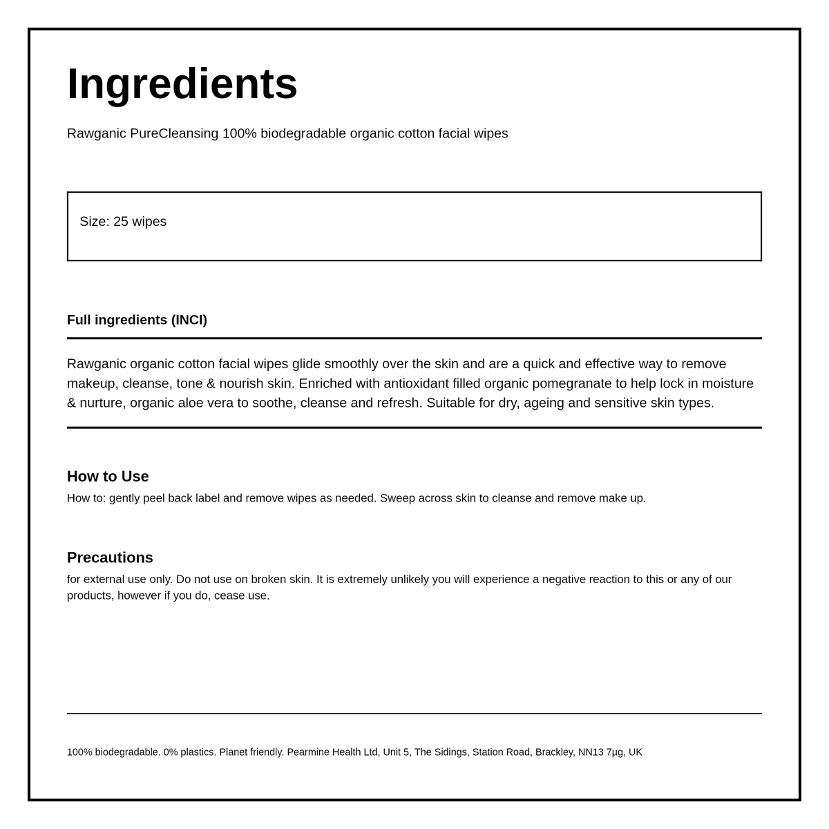 Rawganic Anti-aging Facial Wipes 25 wipes — ingredients (INCI) panel, generated from the pack