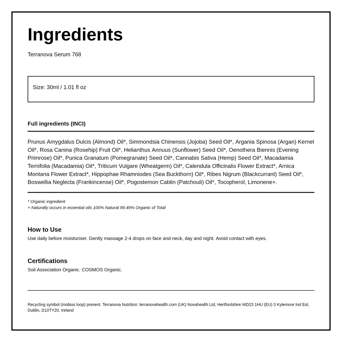 Terranova Serum — ingredients (INCI) panel, generated from the pack