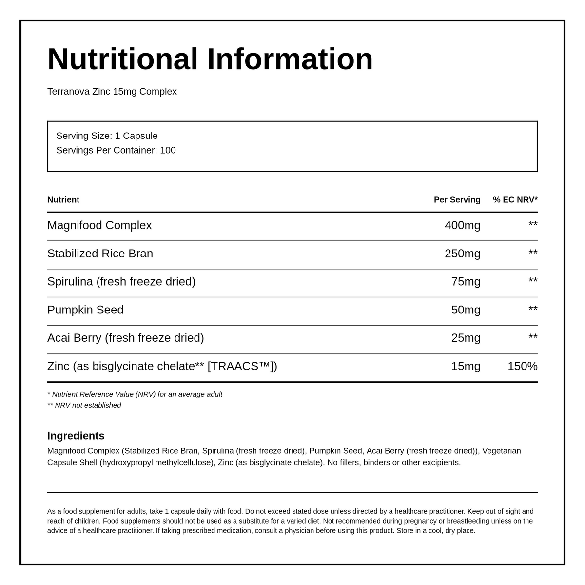 Terranova Zinc 15mg Complex — nutrition information panel, generated from the pack