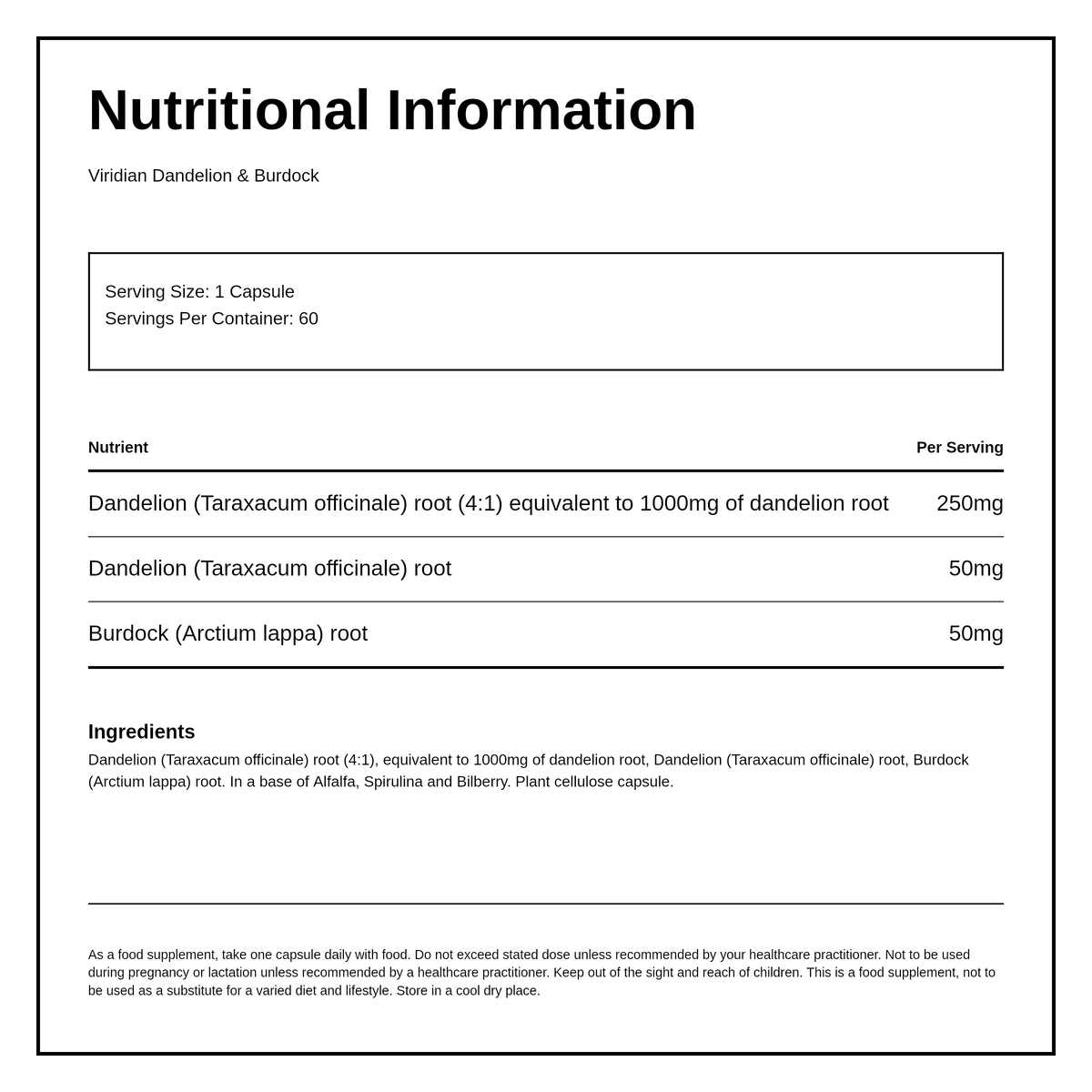 Viridian Dandelion and Burdock Extract — nutrition information panel, generated from the pack