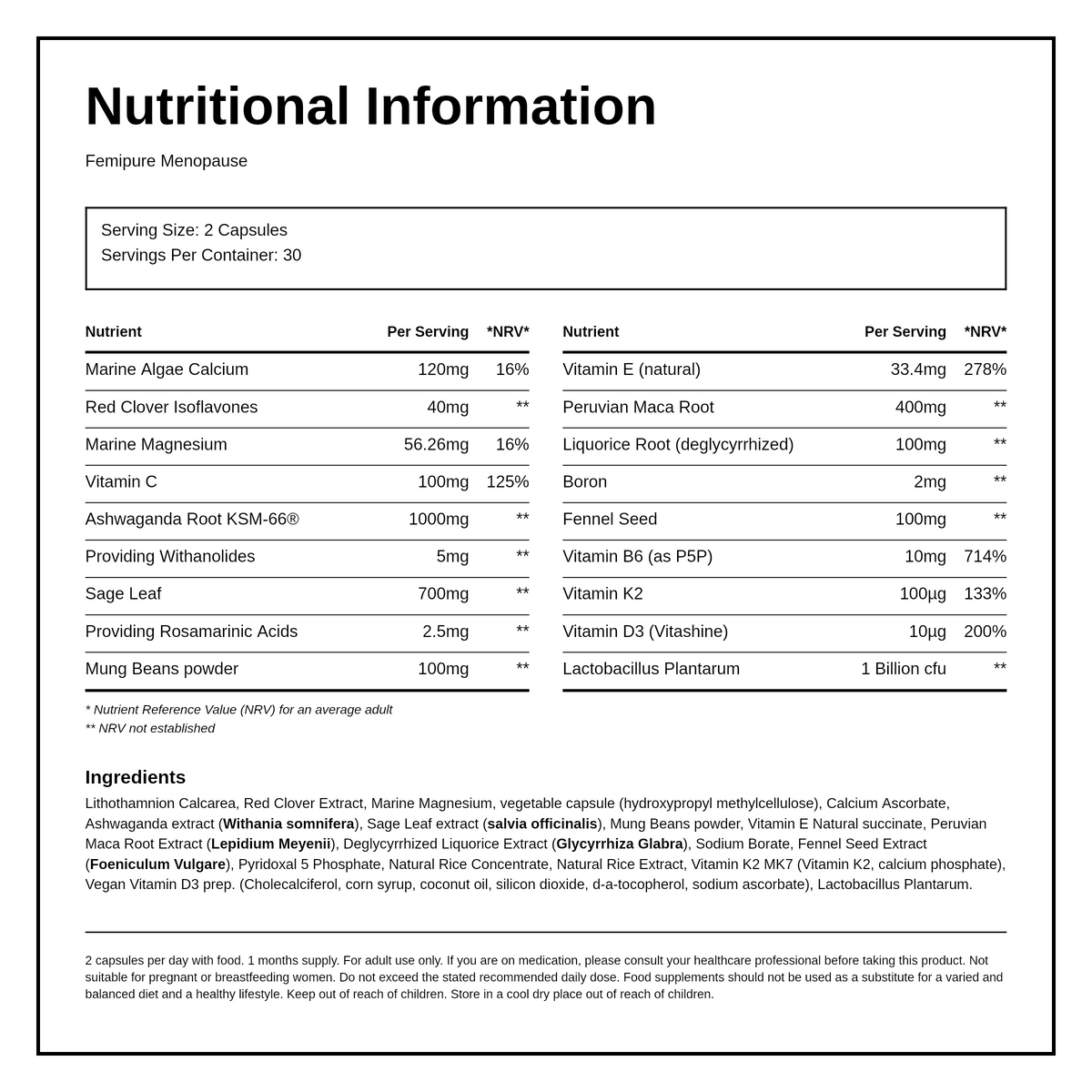 Femipure — nutrition information panel, generated from the pack