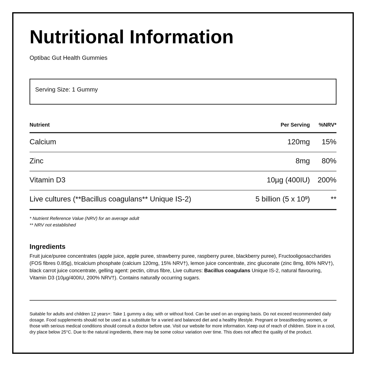 Optibac Probiotics Adult Gummies - 30 Gummies — nutrition information panel, generated from the pack