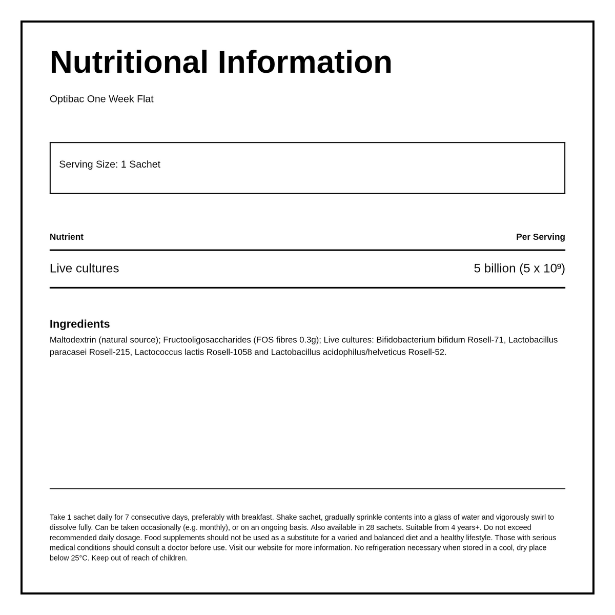 Optibac Probiotics One Week Flat 7 sachets — nutrition information panel, generated from the pack