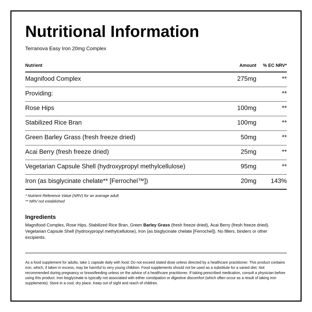 Terranova Easy Iron 20mg Complex — nutrition information panel, generated from the pack