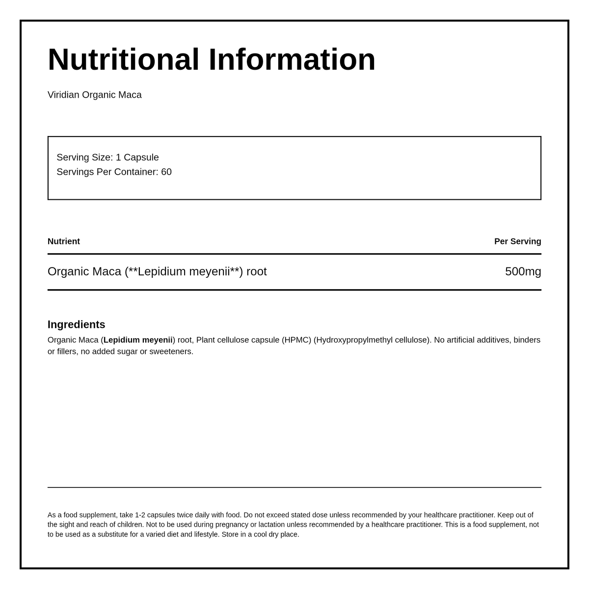 Viridian Organic Maca 500mg — nutrition information panel, generated from the pack