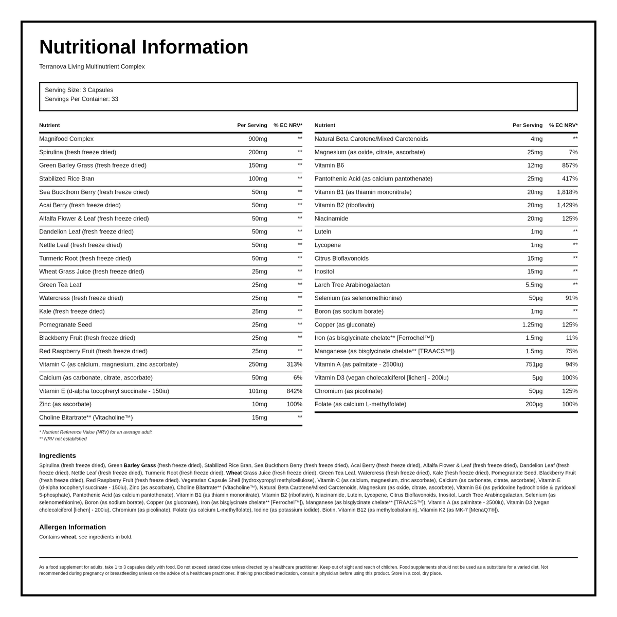 Terranova Living Multinutrient Complex — nutrition information panel, generated from the pack