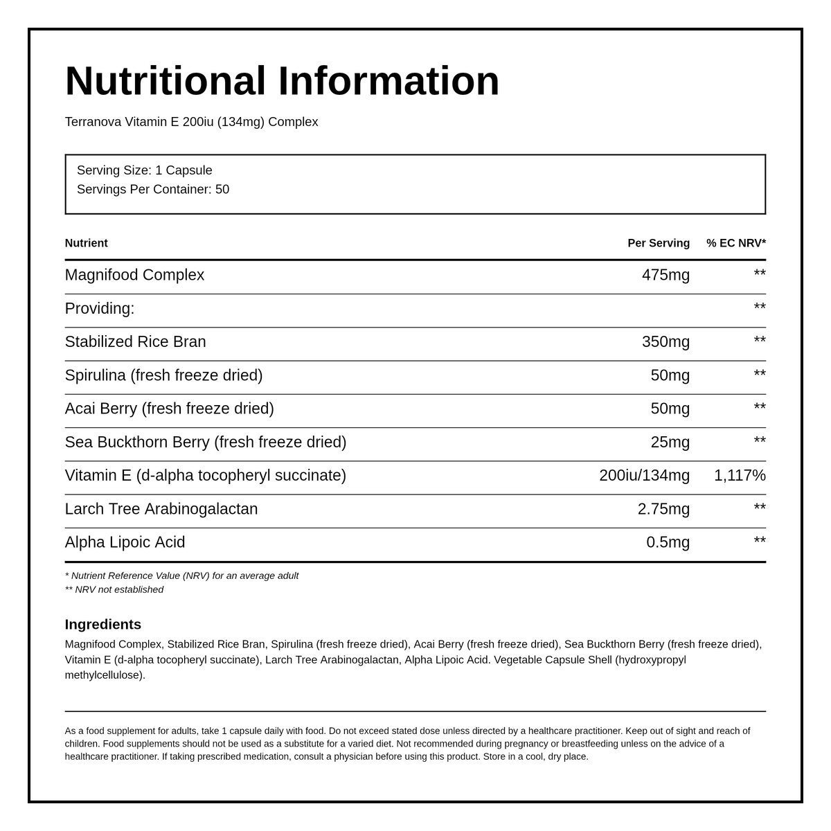 Terranova Vitamin E 200Iu Complex — nutrition information panel, generated from the pack