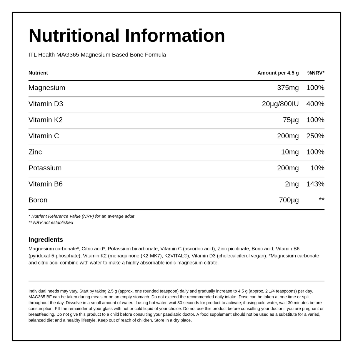 MAG365 BF Magnesium supplement with D3, K2, Zinc and more. — nutrition information panel, generated from the pack