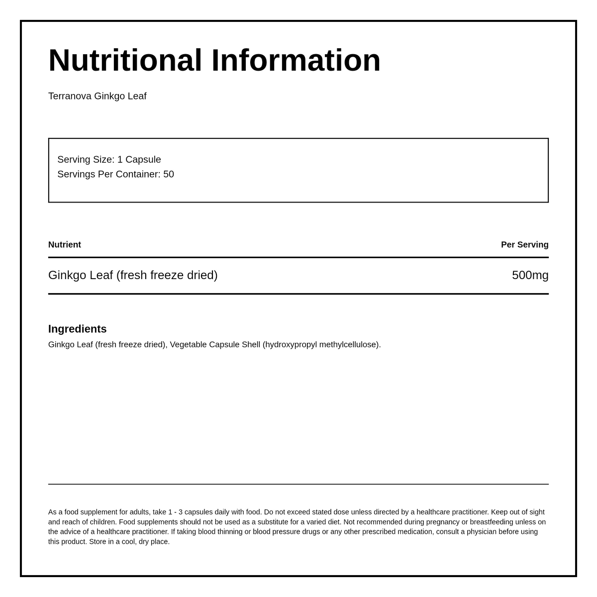Terranova Ginkgo Leaf 500mg — nutrition information panel, generated from the pack