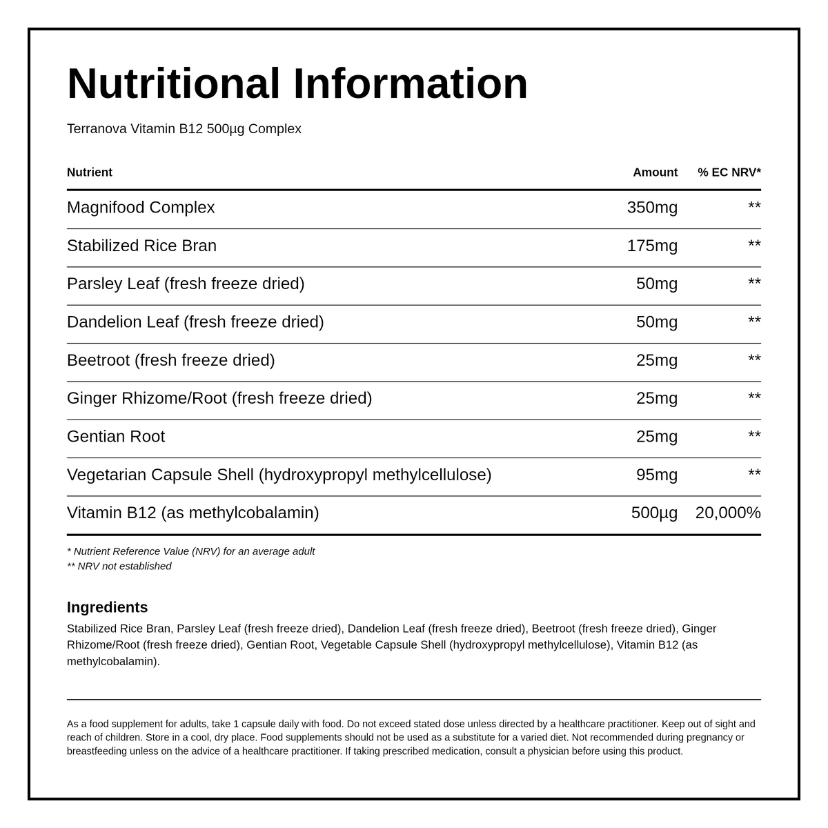 Terranova Vitamin B12 500µg Complex — nutrition information panel, generated from the pack