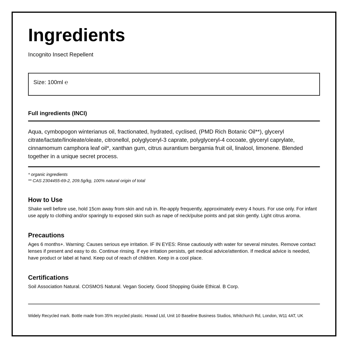 incognito Anti-Mosquito Camouflage Spray — ingredients (INCI) panel, generated from the pack