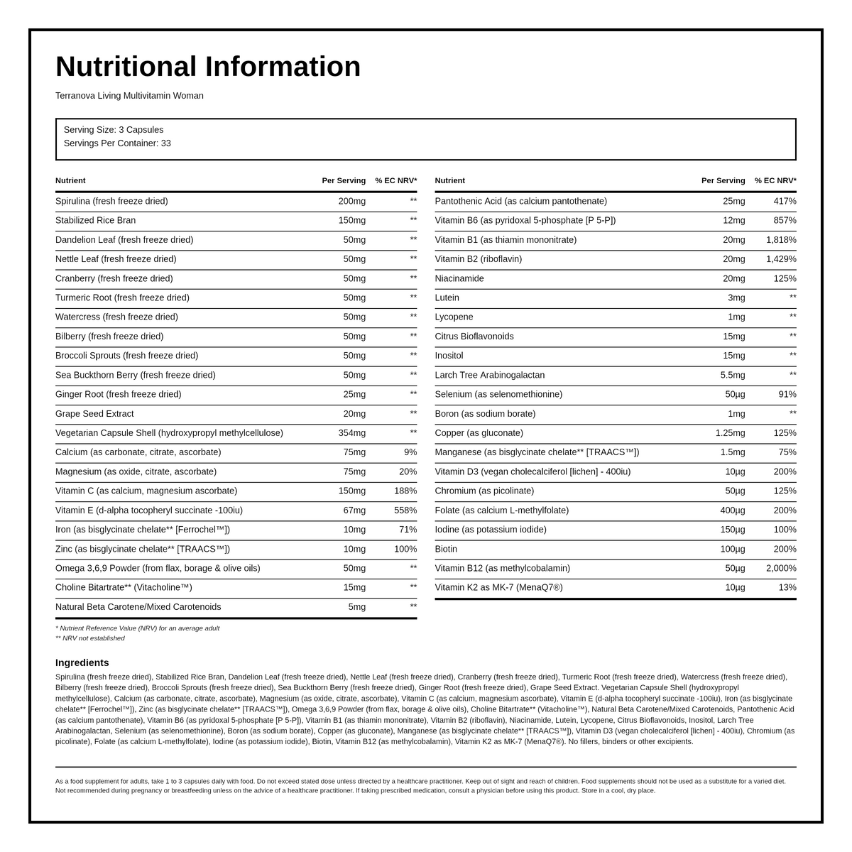 Terranova Living Multivitamin Woman — nutrition information panel, generated from the pack