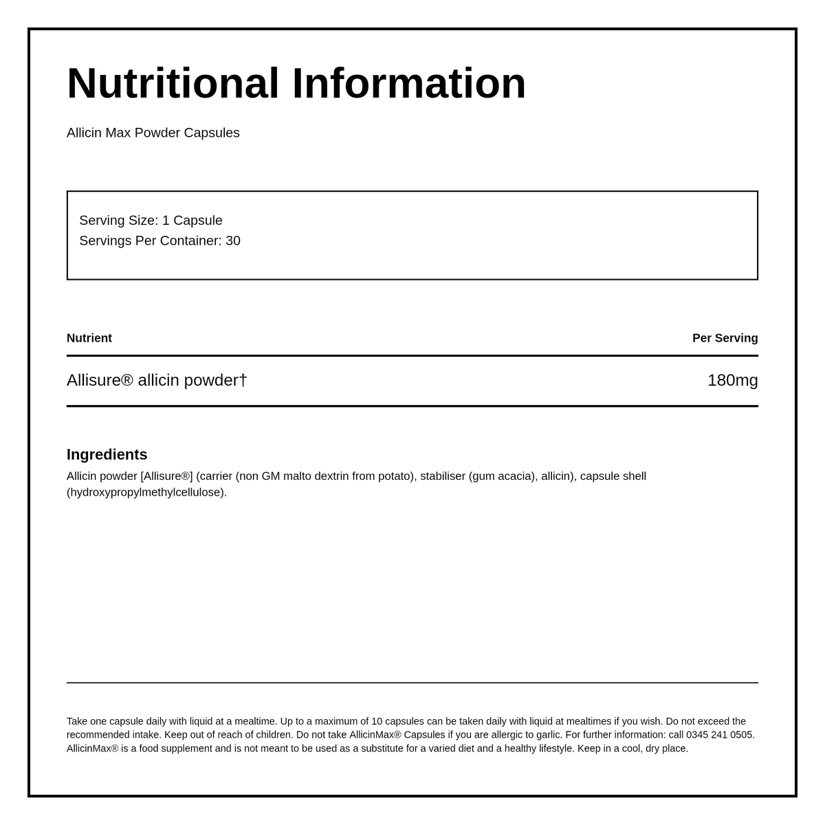 Allicin Max 30 Veg Caps — nutrition information panel, generated from the pack