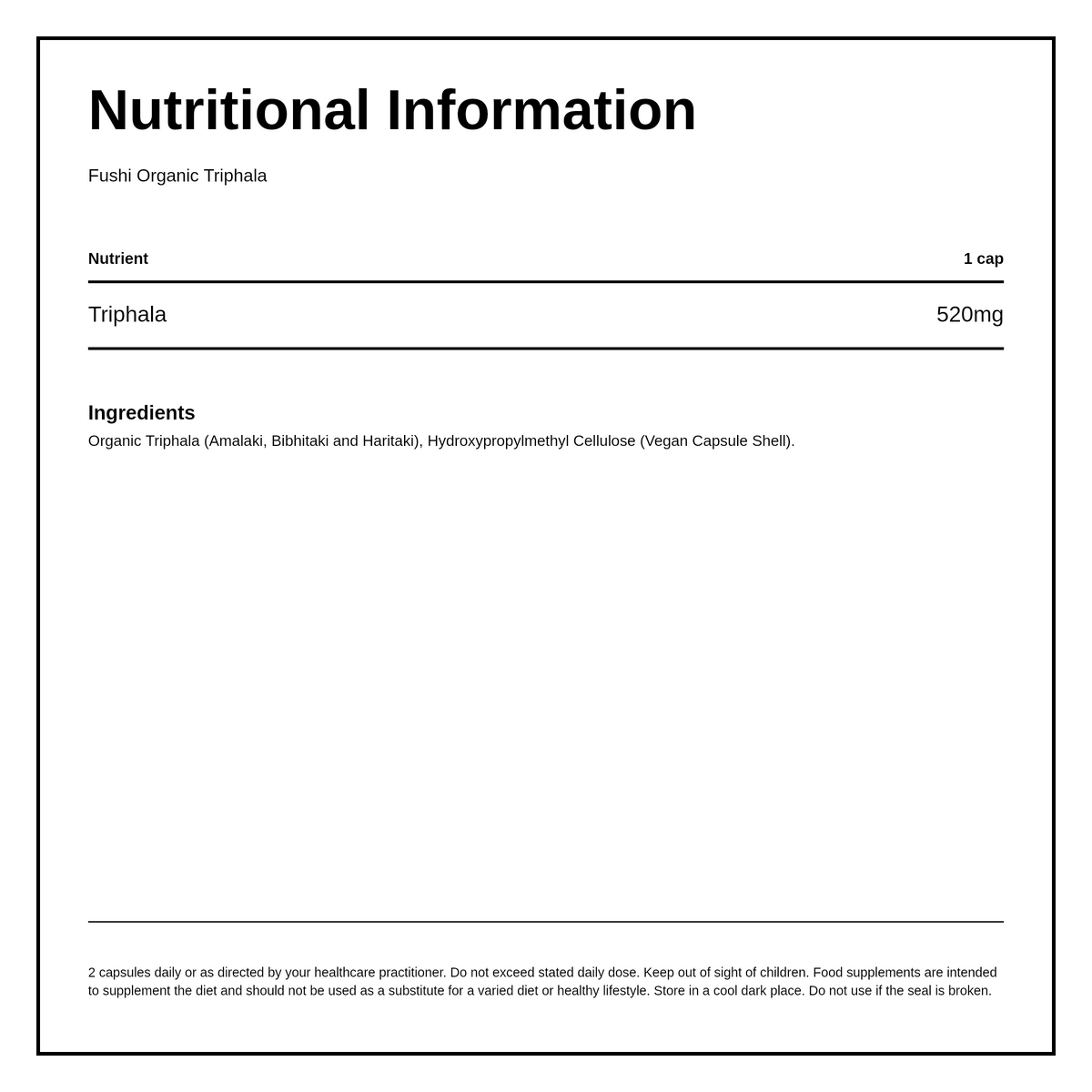 Fushi Wellbeing Triphala Capsules Organic 60 Veg Caps — nutrition information panel, generated from the pack